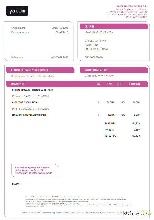 SPAIN YACOM utility bill Word and PDF template